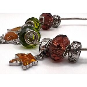 Silver Tone Fall Charm Bangle Bracelet Leaves Acorn Green Brown Beads